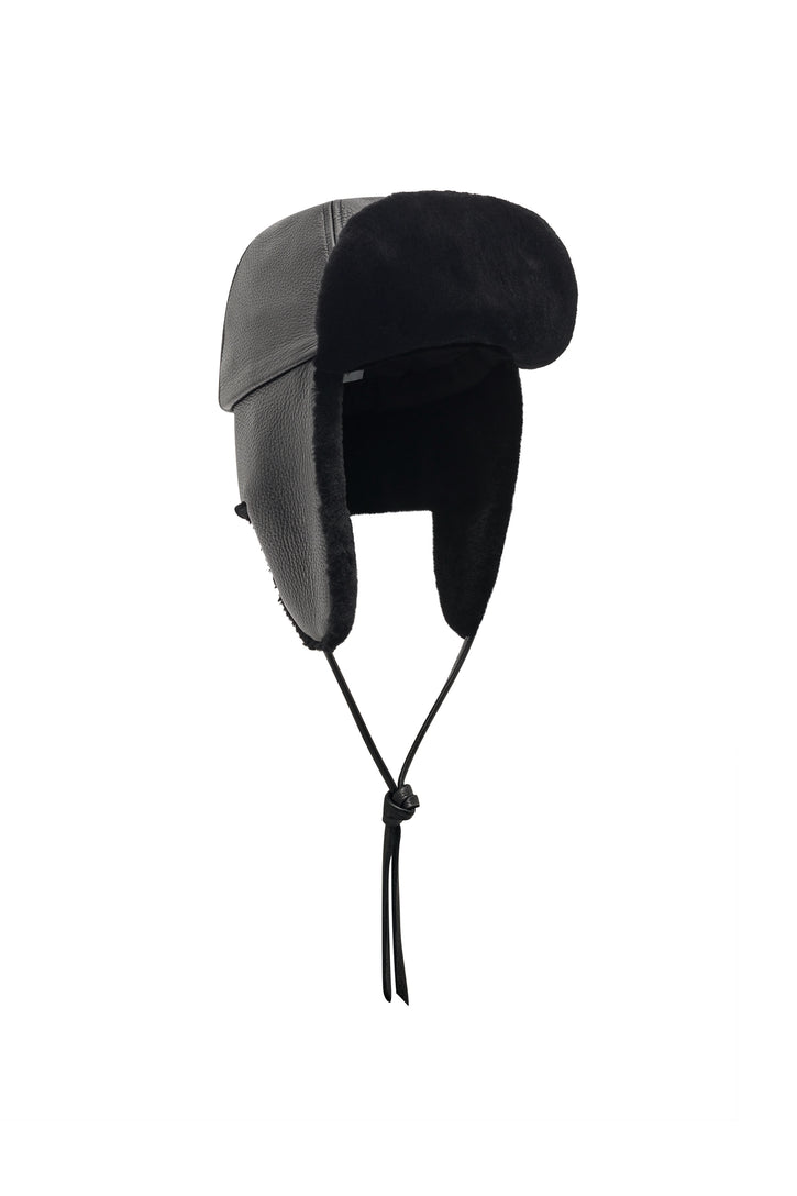 Karina Hat in Black Textured Leather & Recycled Fur