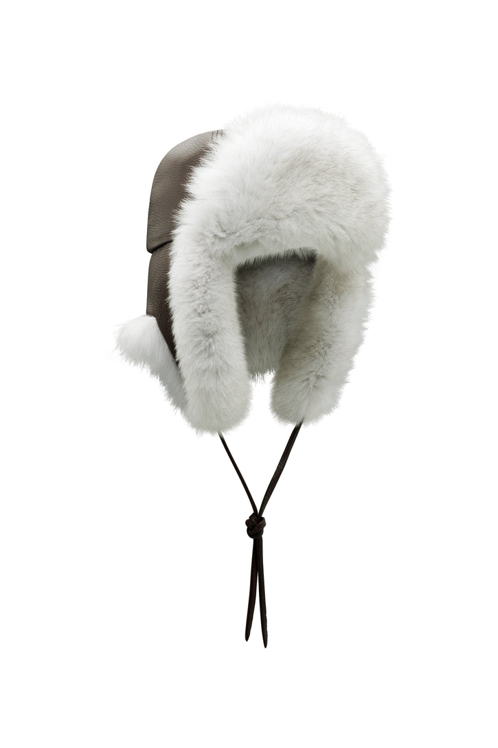 Karina Hat in Chocolate Textured Leather & Ivory Recycled Fur