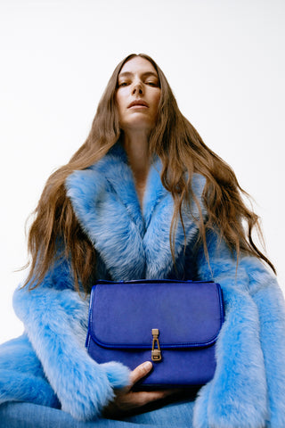 Cobalt Suede Leonora Bag - Styled Look with Blue Fur Coat | Gabriela Hearst