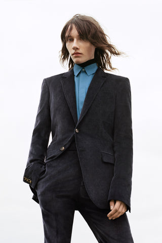 Navy Corduroy Tailored Blazer with Blue Shirt - On Model Front View | Gabriela Hearst