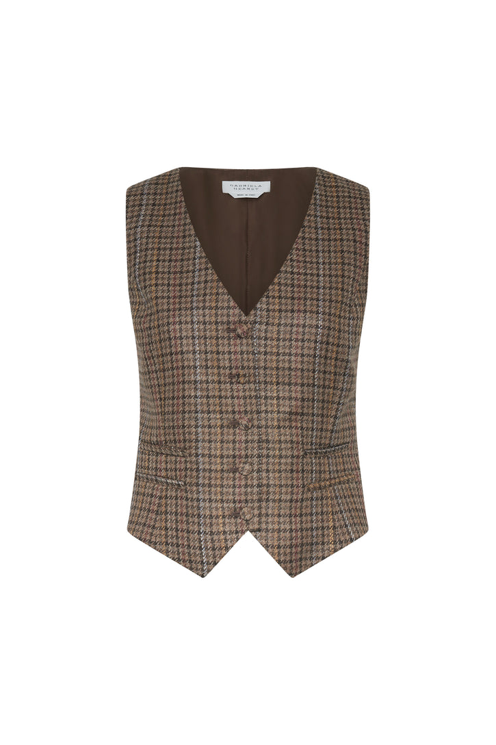 Coleridge Vest in Camel Multi Wool Silk Houndstooth