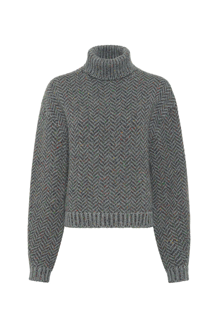 Courtney Knit Turtleneck in Charcoal Multi Aran Cashmere Herringbone