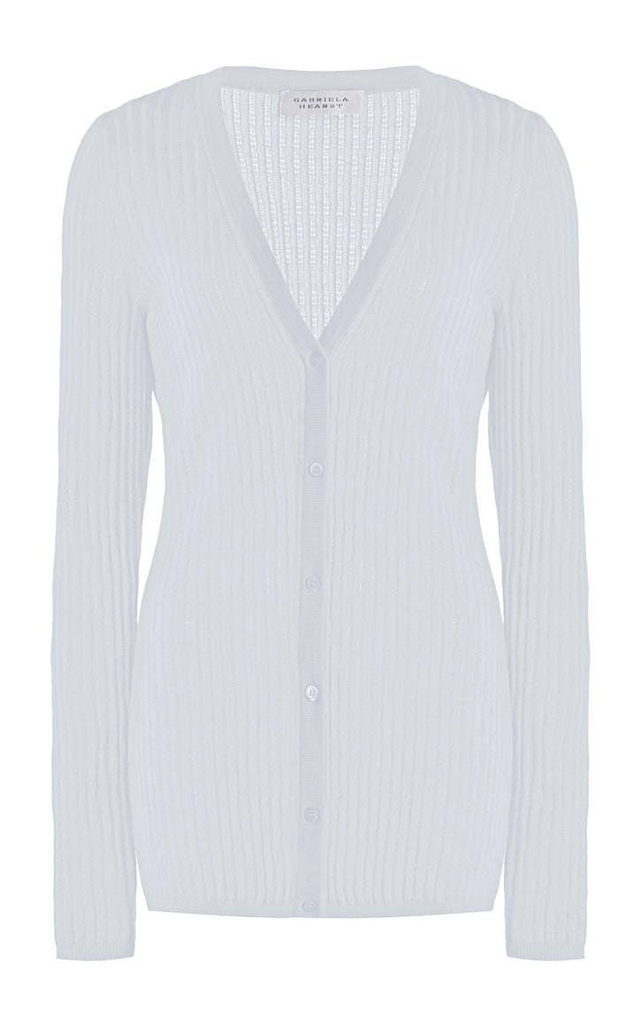 Emma Pointelle Knit Cardigan in Light Blue Cashmere Silk