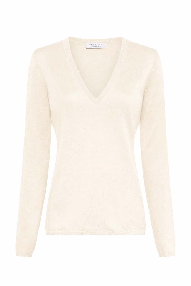 Clementia Knit V-Neck Sweater in Off White Cashmere Silk
