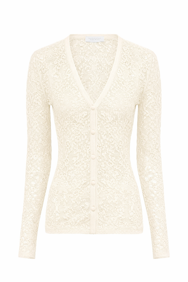 Ultraris Lace Knit Cardigan in Off White Virgin Wool