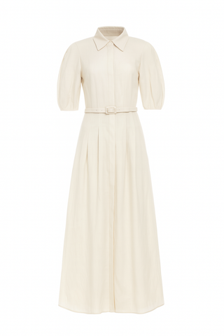 Maude Pleated Midi Shirtdress in White Aloe Linen