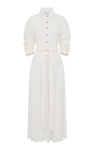 Delyth Shirtdress in White Recycled Cotton Denim & Linen