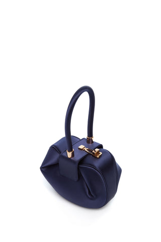 Navy Satin Demi Bag with Rose Gold Hardware - Three Quarter View | Gabriela Hearst