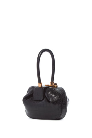Black Crocodile Demi Bag - Three-Quarter View, Rose Gold Turnlock Hardware | Gabriela Hearst
