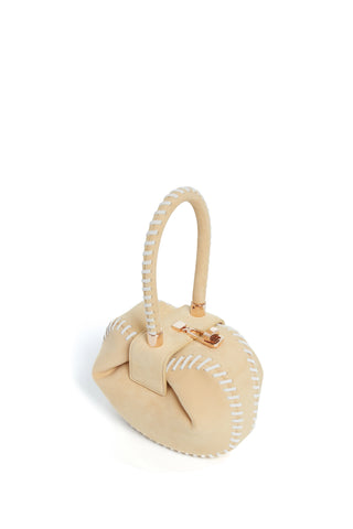 Nude Suede Whipstitch Demi Bag - Three-Quarter View, Rose Gold Turnlock and Artisanal Whipstitch Detail | Gabriela Hearst