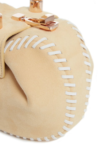 Nude Suede Whipstitch Demi Bag Body Close-Up, White Contrast Whipstitch and Rose Gold Turnlock Detail | Gabriela Hearst