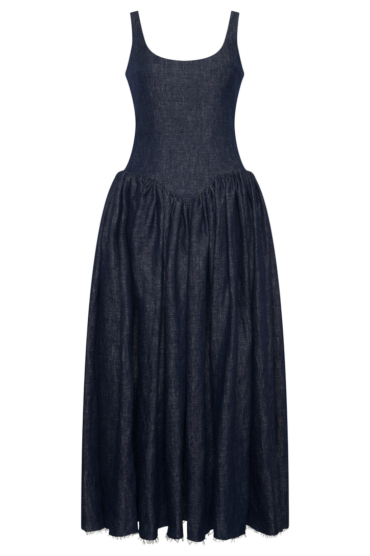 Isai Dress In Stoned Washed Denim Linen