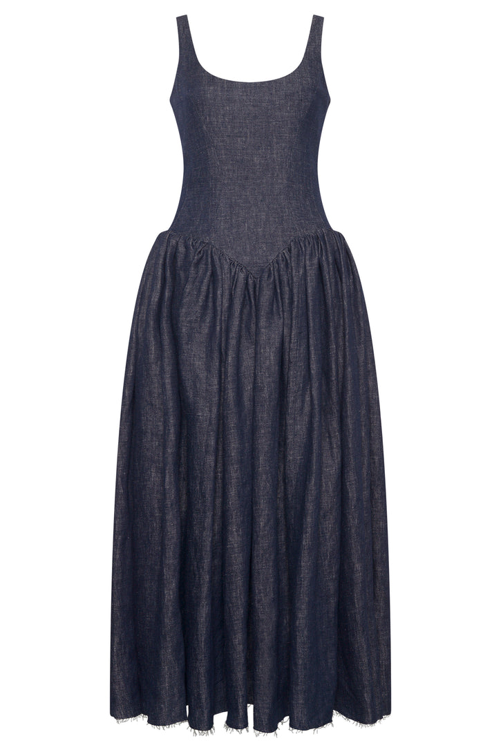 Isai Dress in Stone Washed Linen Denim