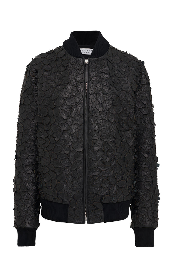 Winslow Embroidered Leaves Bomber in Black Leather