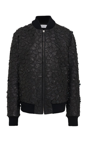 Winslow Embroidered Leaves Bomber in Black Nappa Leather