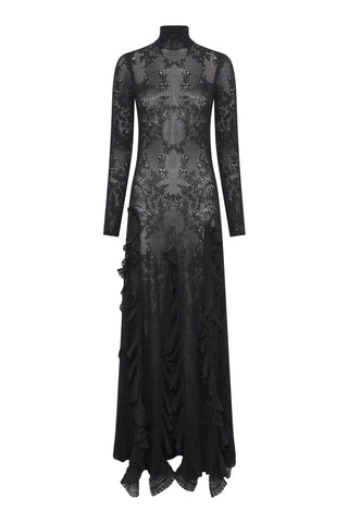 Solway Pointelle Knit Lace Dress in Black Silk Merino Wool with Custom Ruffles
