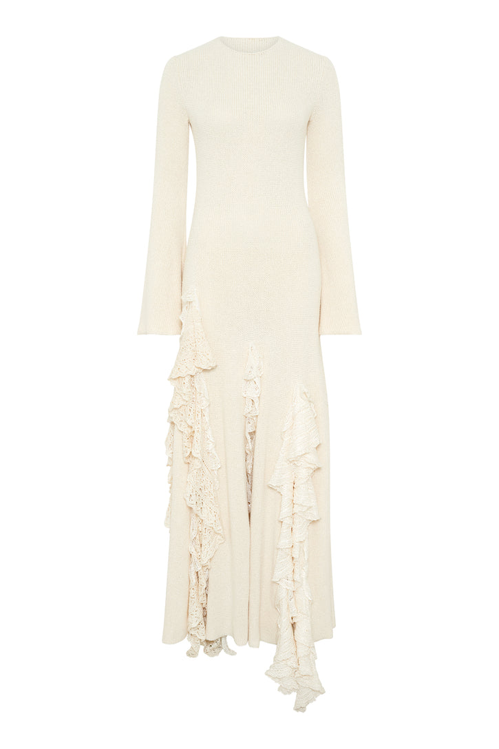 Bloomsbury Knit Dress in Ivory Silk with Custom Ruffles