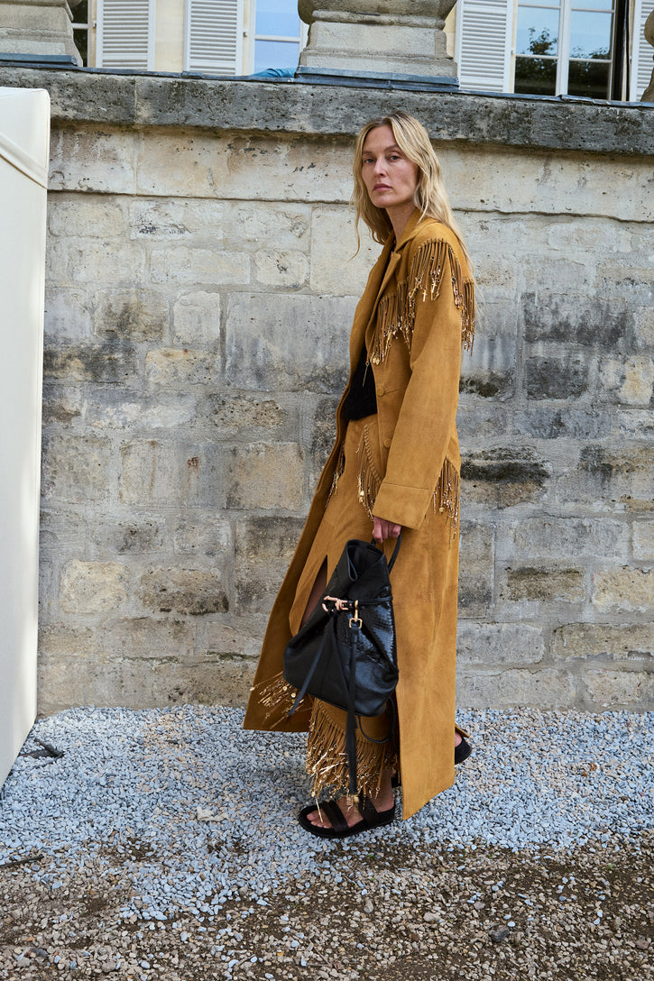 Thaniel Fringe Trench Coat in Cashew Suede with Charms
