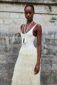 Elianor Fringe Knit Maxi Dress in Off White Silk Cashmere