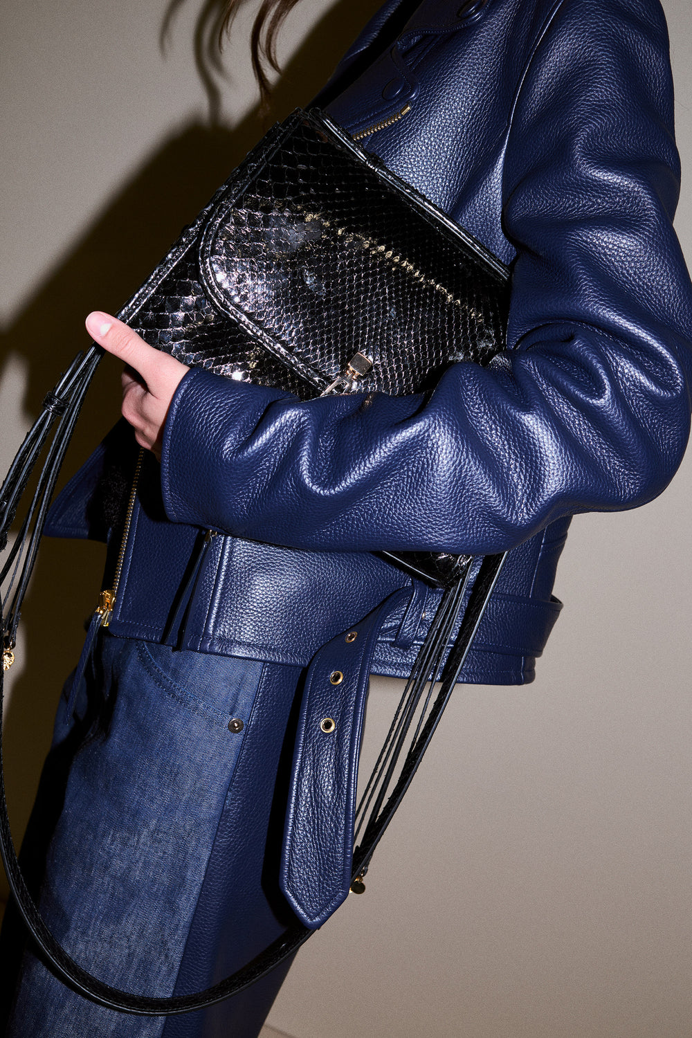 Medium Leonora Flap Bag in Black Snakeskin