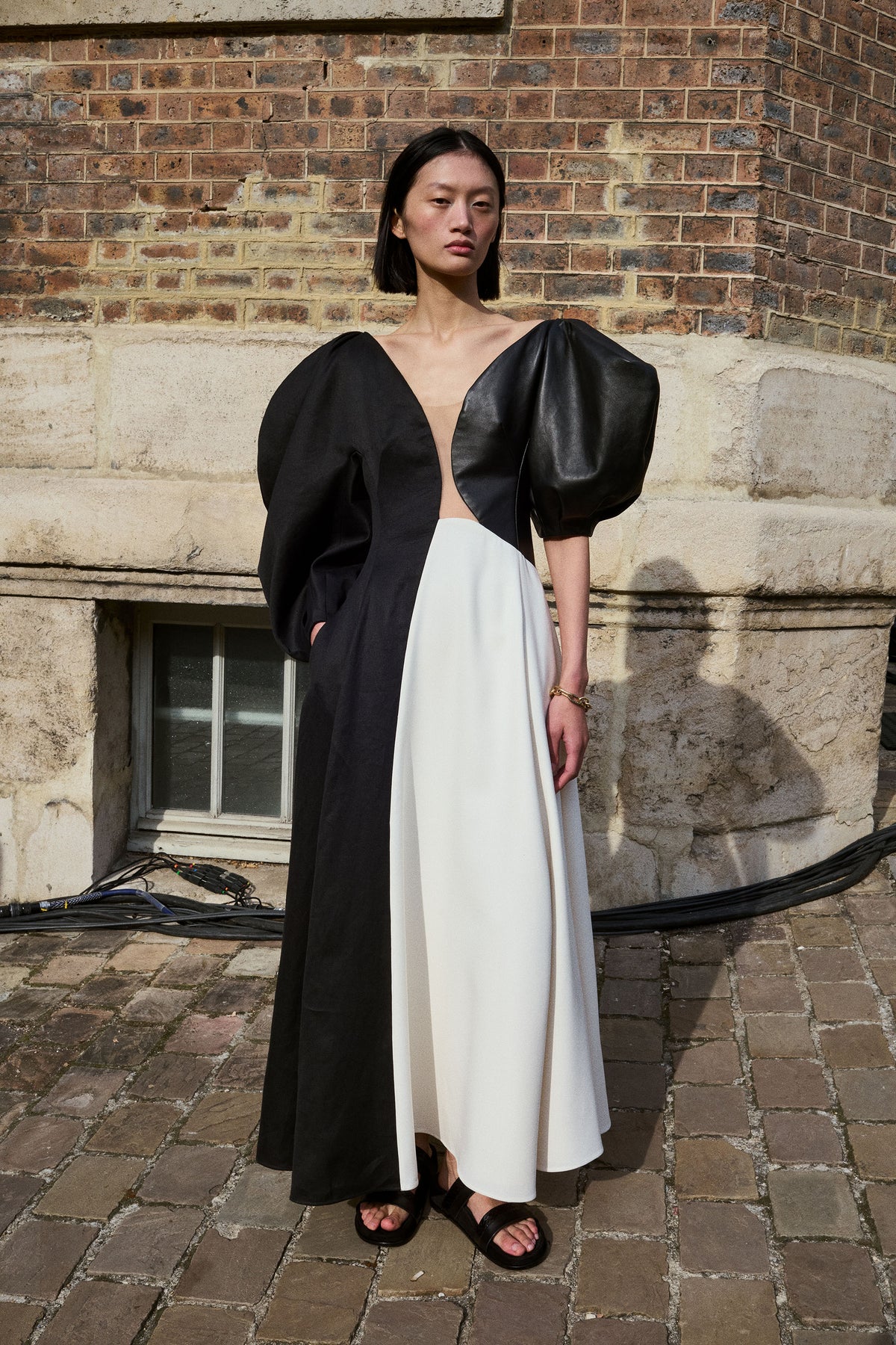 Sephir Puff Sleeve Maxi Dress in Ivory Silk Wool Cady, Black Linen Slub & Leather