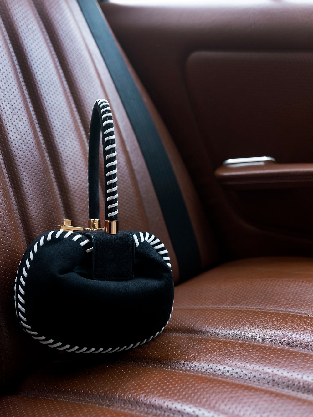 Whipstitch Demi Bag in Black Suede