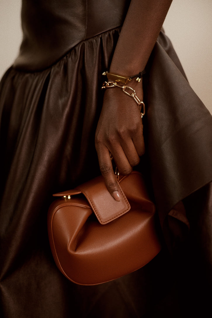 Soft Demi Clutch with Chain in Cognac Nappa Leather