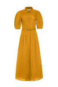 Maude Pleated Midi Shirtdress in Golden Birch Aloe Linen