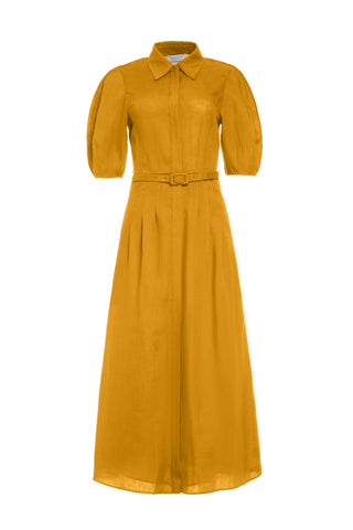 Maude Pleated Midi Shirtdress in Golden Birch Aloe Linen