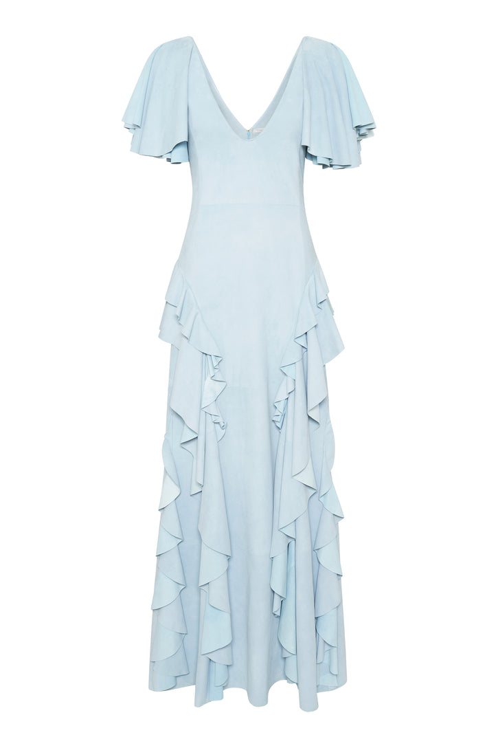 Spiral Ruffles Dress in Light Blue Suede