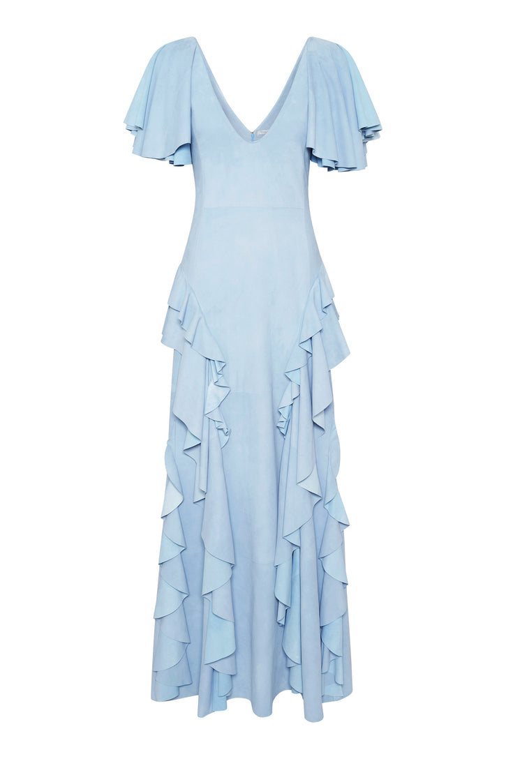 Spiral Ruffles Dress in Light Blue Suede