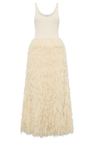 Off White Silk Cashmere Elianor Fringe Knit Maxi Dress - Product Front View | Gabriela Hearst