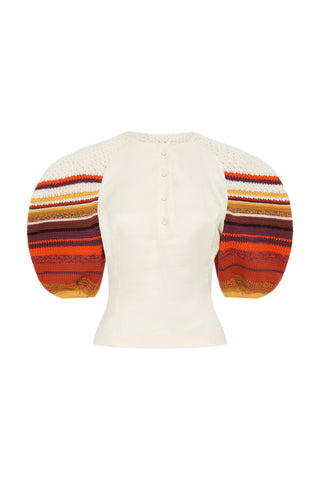 Ivory Linen Elira Crochet Puff Sleeve Top - Flat Lay | Gabriela Hearst