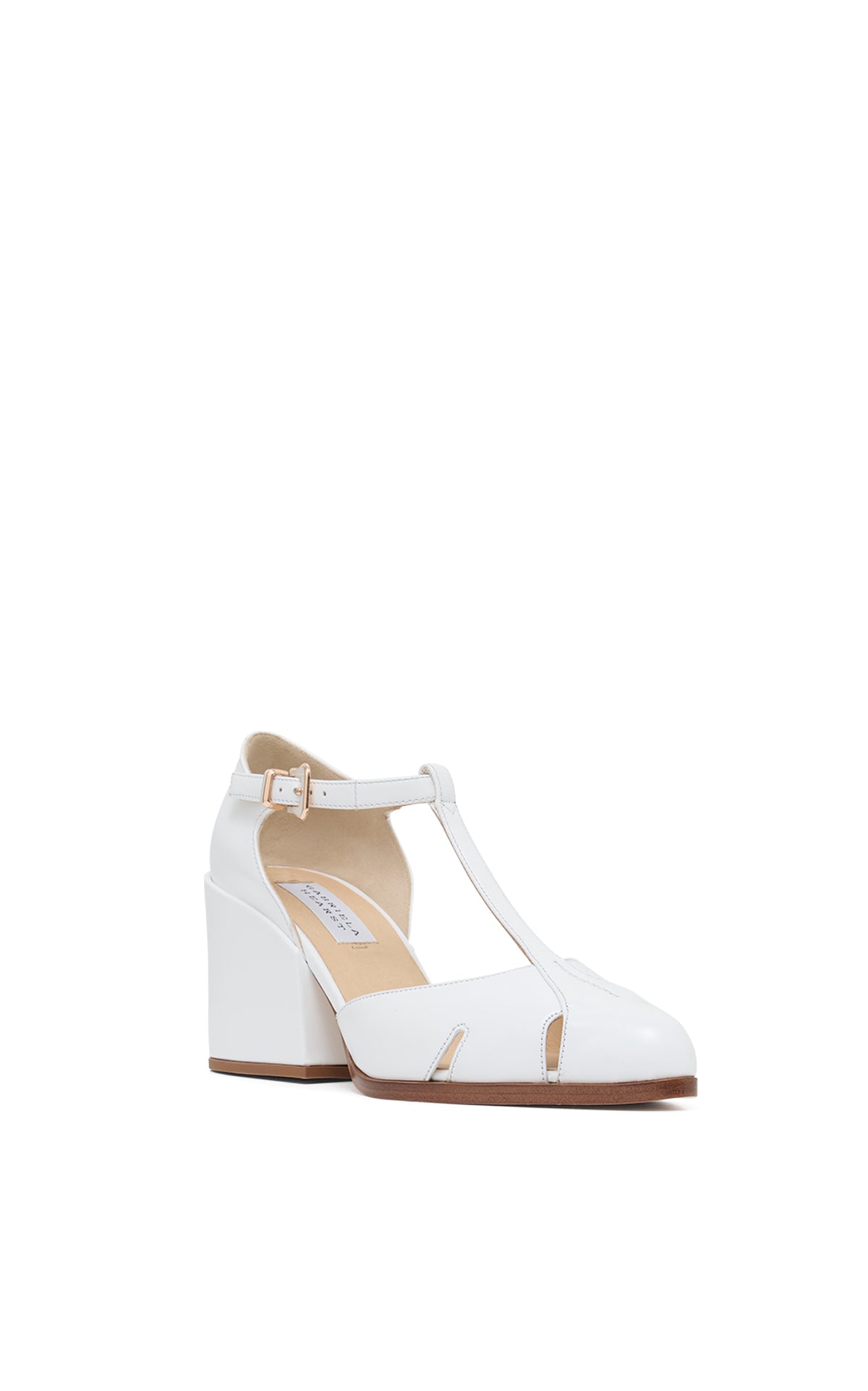 Evita T-Strap Heel in Pearlized White Leather