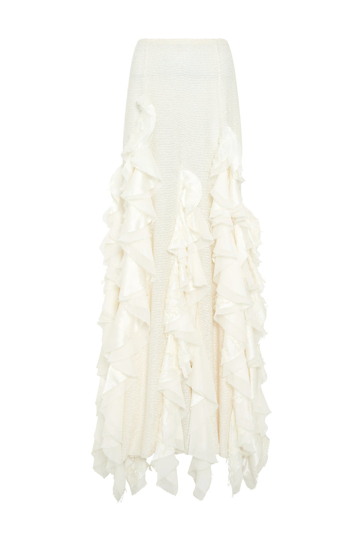 Espina Skirt in Ivory Silk Boucle with Custom Ruffles