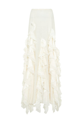 Espina Skirt in Ivory Silk Boucle with Custom Ruffles