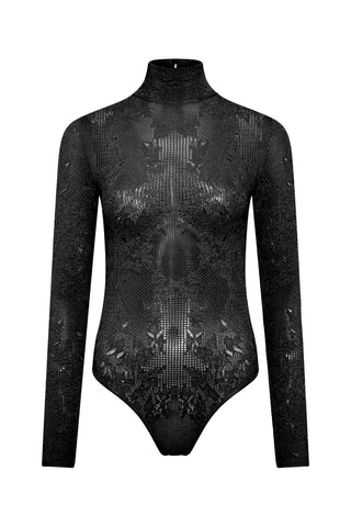 Feal Pointelle Knit Lace Bodysuit in Black Silk Merino Wool