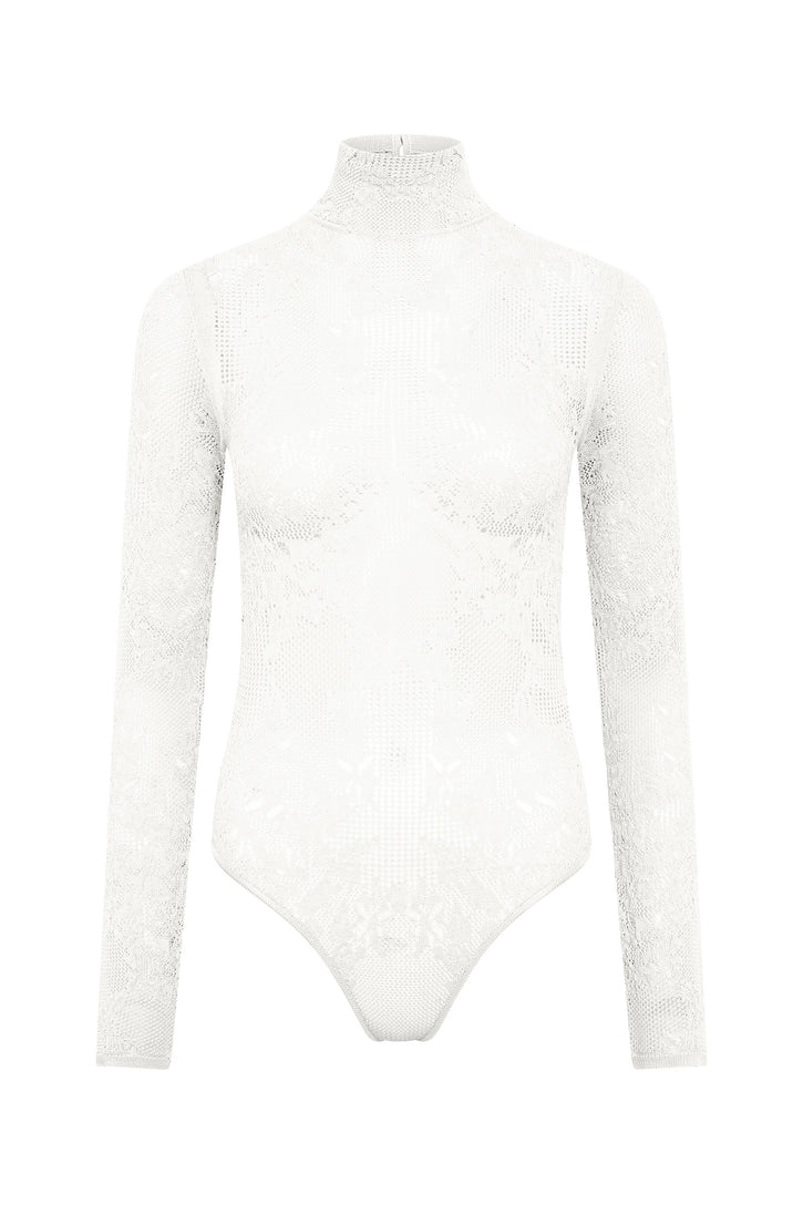 Feal Pointelle Knit Lace Bodysuit in Ivory Silk Merino Wool