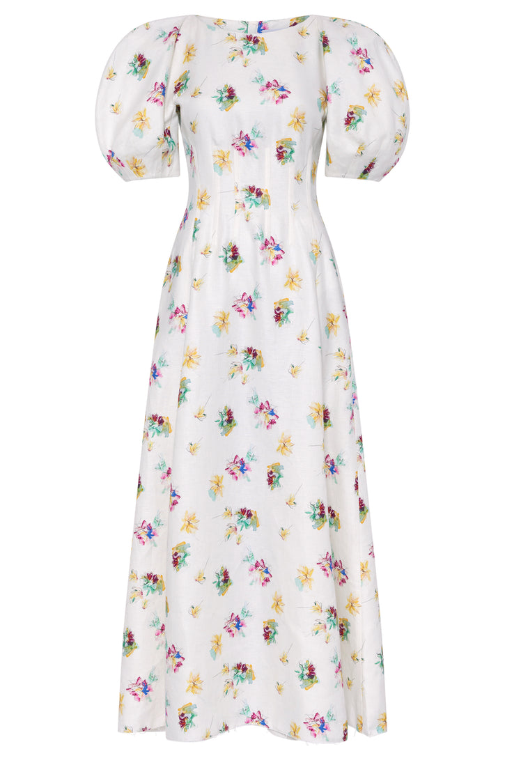 Ranya Dress In Ivory Mia's Flowers Printed Linen Twill