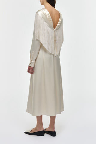 Ivory Silk Satin Rouge Fringe Scarf Dress - Deep V-Back Detail On Model | Gabriela Hearst