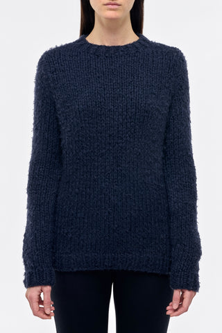 Dark Navy Welfat Cashmere Lawrence Sweater - Front View On Model | Gabriela Hearst