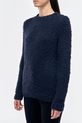 Dark Navy Cashmere Lawrence Knit Sweater - Side View On Model | Gabriela Hearst