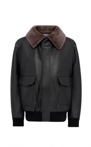 Grant Bomber Jacket in Black Leather with Shearling Collar
