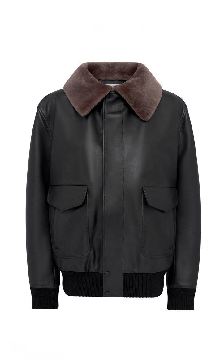 Grant Bomber Jacket in Black Leather with Shearling Collar