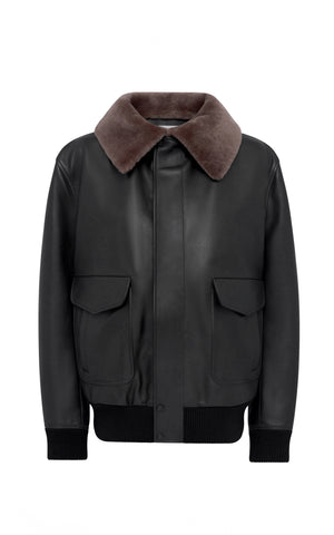Grant Bomber Jacket in Black Leather with Shearling Collar