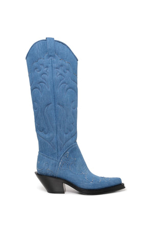 Capitana Cowboy Boot in Light Blue Recycled Cotton Linen Denim