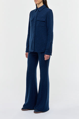 Electric Navy Speckled Cashmere John Austin Shirt - Side Profile On Model | Gabriela Hearst