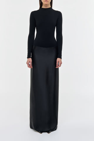 Black Silk Satin Jessamy Maxi Dress - On Model Full Front View, Long Sleeve | Gabriela Hearst