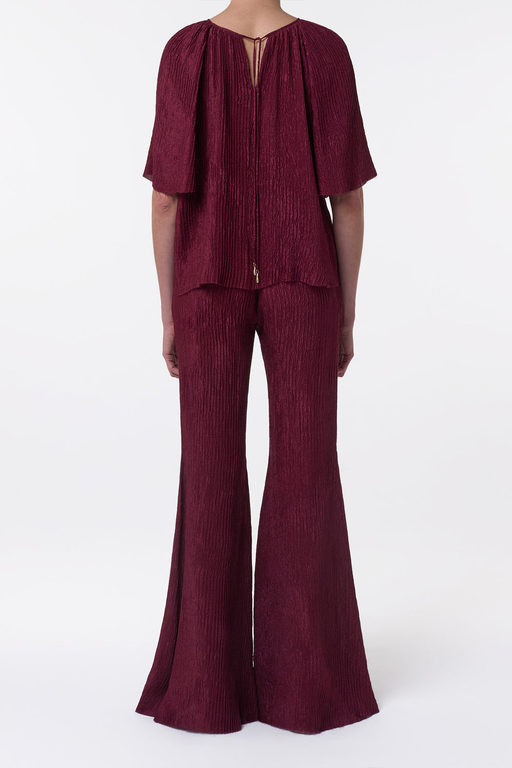 Claude Flare Pant in Bordeaux Plisse Silk