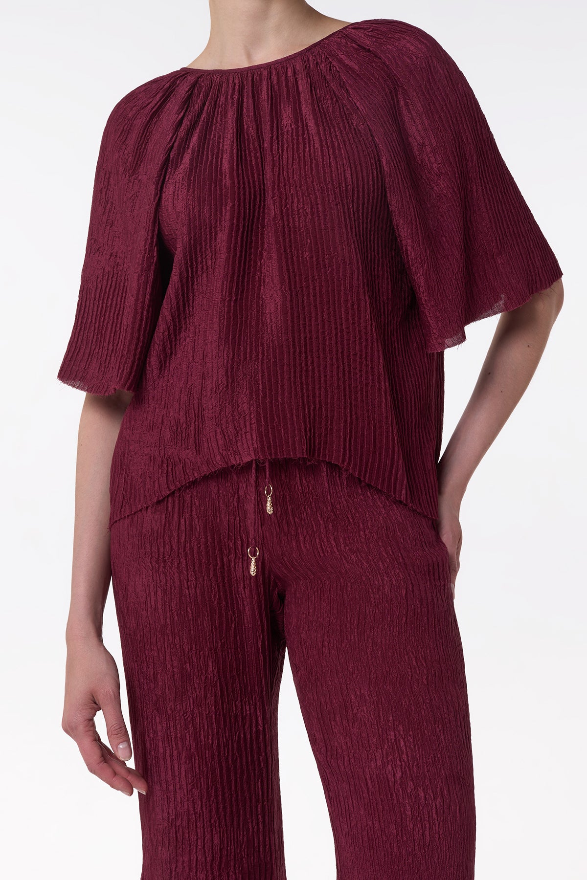 Nula Top in Bordeaux Plisse Silk